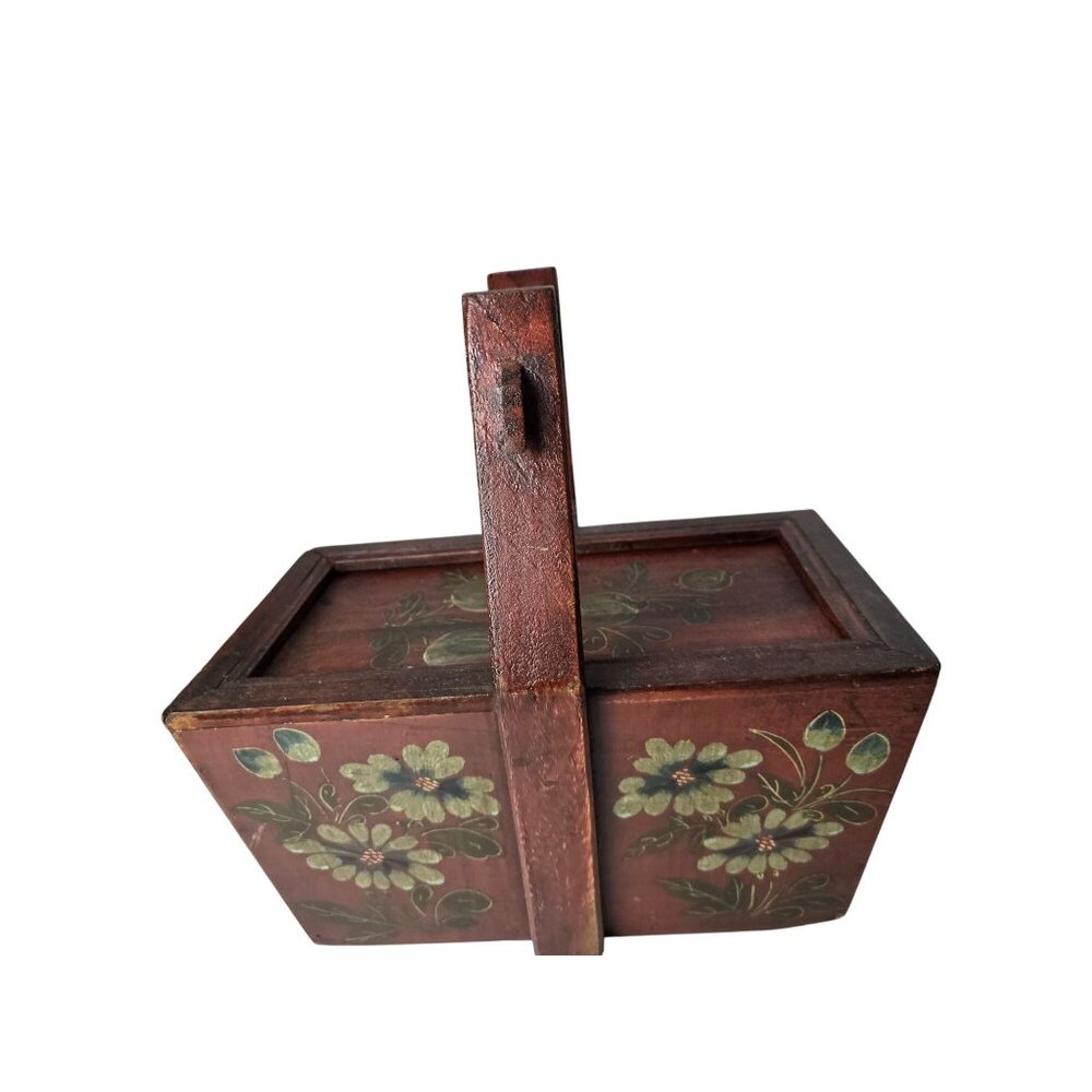 Asian Carry Basket, Wood Oriental Chinese Hand Painted Wooden Box /‎ Sliding Lid